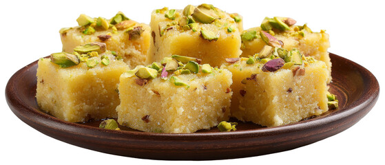 A close-up view of a plate filled with traditional Indian sweets, showcasing vibrant pieces topped with crushed pistachios, set against a simple background, perfect for culinary articles