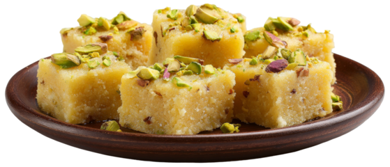 A close-up view of a plate filled with traditional Indian sweets, showcasing vibrant pieces topped with crushed pistachios, set against a simple background, perfect for culinary articles