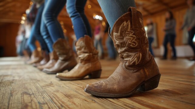 People wearing cowboy boots dancing in a barn