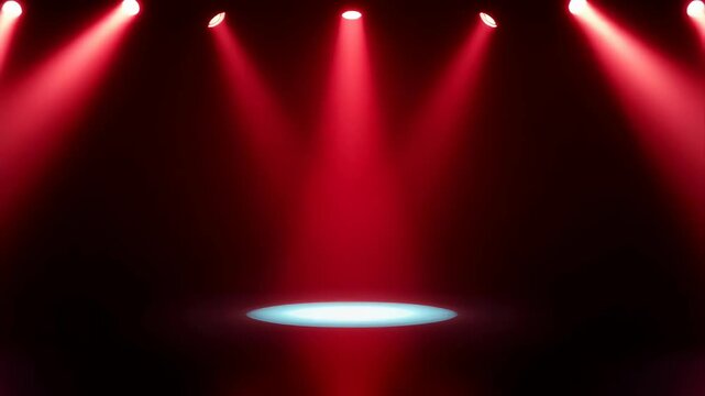 Stage Spotlight Red Lighting Background Dynamic Performance Atmosphere With Light Beams And Spotlights Illuminating A Center Blue Light On