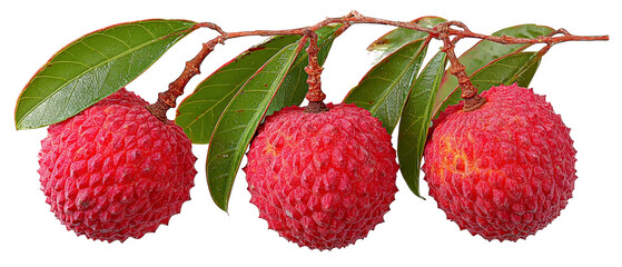 A close-up view of vibrant, ripe lychee fruits hanging from a lush green branch, showcasing their textured skin and bright color against a blurred background, ideal for food-related content