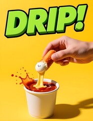 Cheesy Mozzarella Stick with Marinara Splash and Bold Comic Text on Yellow Background