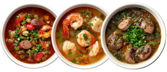 A vibrant display of three delicious bowls of gumbo featuring shrimp, sausage, and vegetables, set against a white background, perfect for culinary promotions or food blogs
