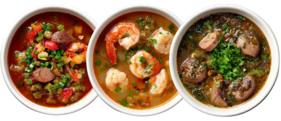 A vibrant display of three delicious bowls of gumbo featuring shrimp, sausage, and vegetables, set against a white background, perfect for culinary promotions or food blogs