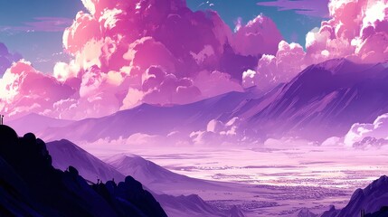 Scenic vista capturing mountains shrouded by ethereal purple clouds in a dreamlike artistic interpretation