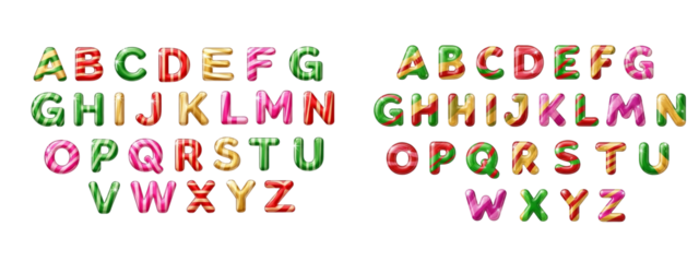 Two versions of alphabet letter balloons in various colors are displayed, The letters are presented in two rows, showing the full alphabet from A to Z. Christmas theme
