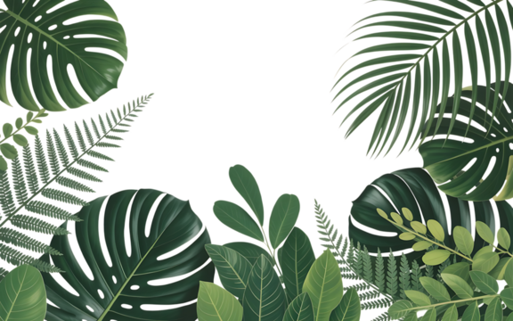 Lush tropical leaf border frame design with monstera, palm, and fern foliage, vibrant green nature element isolated on transparent background