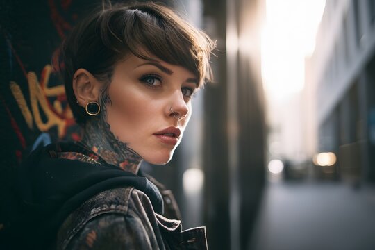 Intense portrait of a woman with tattoos and piercings standing outside on a city street