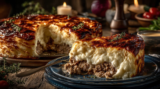Hyper-realistic animation of French hachis parmentier with golden mashed potato crust close up