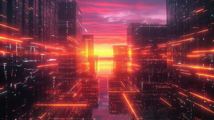 Cyberpunk city grid with data stream during sunset - Powered by Adobe