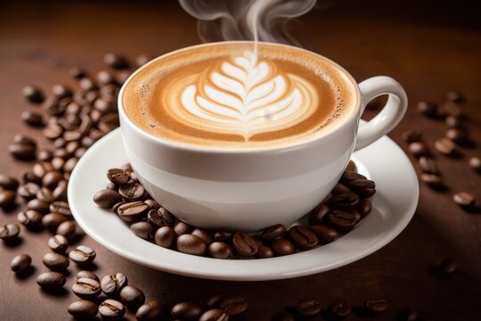 Latte Macchiato mit Kunst in der Schaumkrone, serviert auf einem Tisch mit Kaffeebohnen