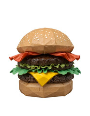 Origami Style Cheeseburger 3D Icon with Lettuce Bacon and Paper Texture on Transparent Background