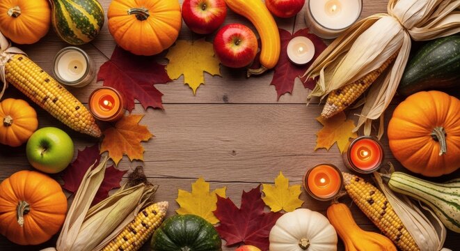 Autumnal arrangement featuring pumpkins, gourds, corn, apples, candles, and colorful fall leaves on a light wooden surface, creating a festive and warm seasonal ambiance. - Powered by Adobe