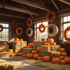 Abundant autumn harvest with pumpkins and wreaths in rustic setting
