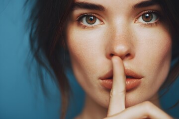 Beautiful brunette with her finger on her lips asks for silence against a blue backdrop
