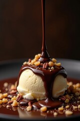 Rich chocolate syrup pouring over vanilla ice cream topped with nuts