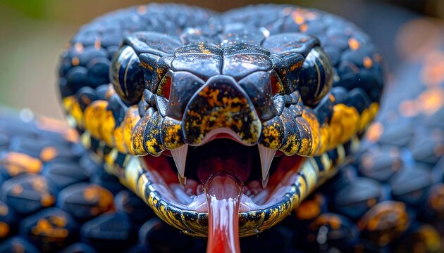 Close-up of a Deadly Snake with Open Mouth and Fangs.