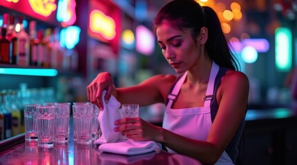 Young woman bartender preparing drinks at a neon lit bar