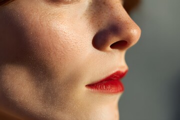 Fototapeta premium Close up of a face with freckles and bright red lipstick in side profile
