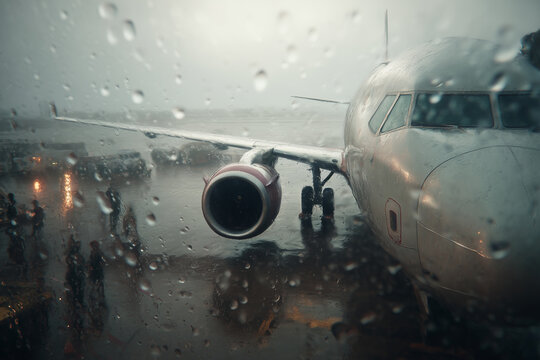 Rainy airport scene with airplane seen through wet window, cinematic travel atmosphere
