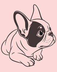 Cute French Bulldog Puppy Lying Down – Black and White Line Art Vector Illustration
