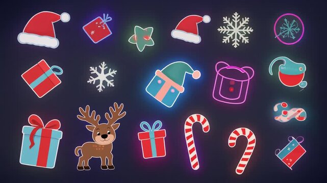 christmas icons, animated cartoon, santa claus, reindeer, christmas tree, snowman, festive, holiday, 3D, flat design, glowing, cute, animation pack, merry christmas, new year, celebration, winter, 
