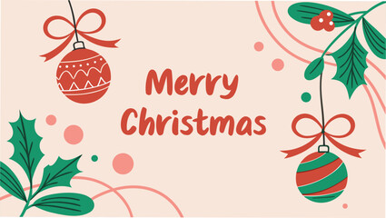 Naklejka premium WebMerry Christmas Banner with Hanging Ornaments, Holly Berries, and Pastel Background
