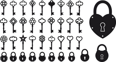 Vintage key and heart lock silhouette vector illustration, antique security collection design, romantic love concept, retro decorative symbol for logo and graphic art