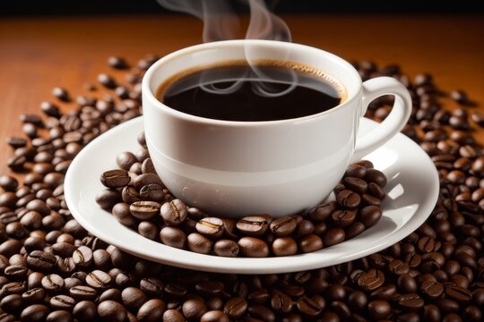 Dampfender Kaffee in einer Tasse umgeben von frischen Kaffeebohnen