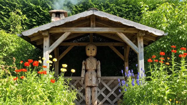 Wooden doll stands inside rustic arbor with floral landscape on sunny day