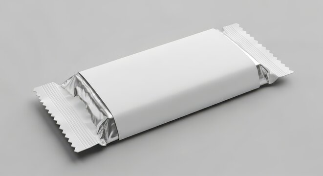 Illustration of blank white chocolate bar wrapper isolated on gray background with shadow
