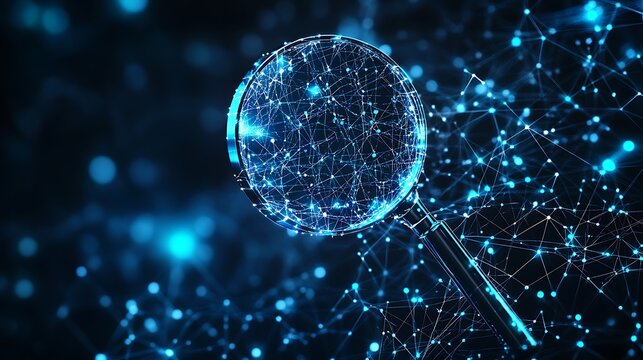 Glowing digital magnifying glass revealing blue particle network pattern
 - Powered by Adobe