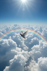 Bird flying through rainbow and clouds in bright sky