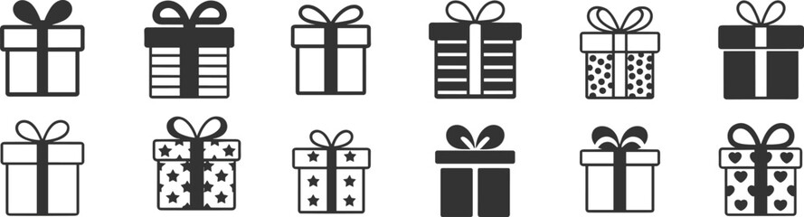 Colorful gift box icons, festive wrapped presents, holiday celebration packaging, decorative ribbons, birthday surprise, Christmas party, vector illustration, design elements