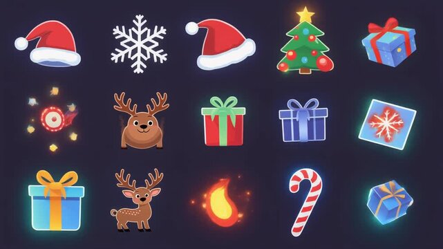 christmas icons, animated cartoon, santa claus, reindeer, christmas tree, snowman, festive, holiday, 3D, flat design, glowing, cute, animation pack, merry christmas, new year, celebration, winter, 