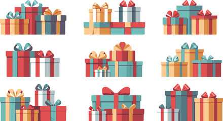 Colorful gift boxes vector illustration, festive present packages collection, wrapped birthday and Christmas gifts with ribbons, celebration design clipart art