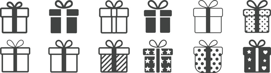 Black and white gift box icons set, minimal present design vector, simple outline holiday packages with ribbons illustration clipart