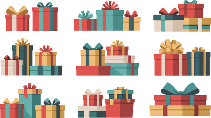 Colorful gift boxes vector illustration, festive presents collection with ribbons, birthday and Christmas wrapping packages, holiday celebration design clipart art
