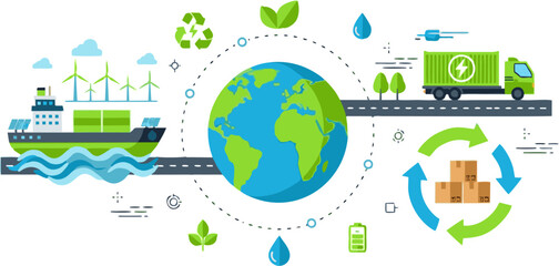 Fototapeta premium Vector infographic concept of sustainable global logistics, showing eco-friendly transport like ships and electric trucks with renewable energy