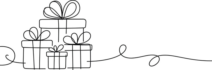 Continuous line art gift boxes illustration, minimalist present drawing, elegant holiday celebration design, black and white vector, simple festive decoration
