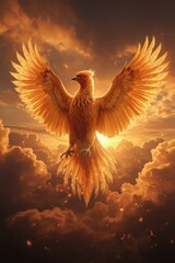 Majestic fiery phoenix rising through dramatic clouds at sunset
