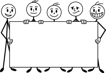 Group of stick figures holding blank banner, cartoon people teamwork illustration, happy business characters presenting empty board for message or text