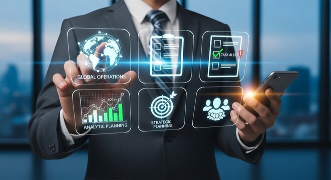 Businessman using virtual interface for global business management