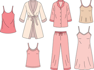 Women sleepwear fashion set, nightwear collection, robe, camisole, pajama top and bottom, satin night dress, elegant design, cad drawing flat vector illustration