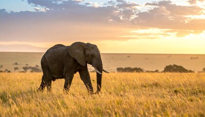 Fototapeta premium Majestic Elephant Strolling Through Golden Savannah at Sunset.