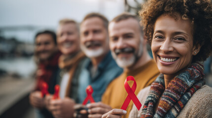 A diverse group of smiling people holding red ribbons in support of World AIDS Day. Symbol of unity, awareness, compassion, and global effort to fight HIV and promote healthcare equality.