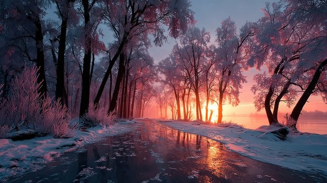 A serene winter forest scene under a radiant orange and red sunset, icy branches sparkling with reflected light