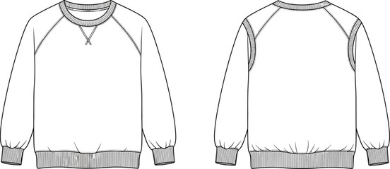 Raglan sleeve crew neck sweatshirt technical flat sketch with triangular stitching detail, ribbed cuffs and hem, front and back vector illustration for apparel template. © Shihab Creative