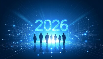 Diverse team strides towards future innovation as glowing '2026' illuminates connected digital network, symbolizing progress and global collaboration in technology.