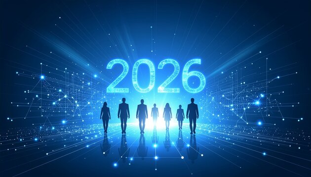 Diverse team strides towards future innovation as glowing '2026' illuminates connected digital network, symbolizing progress and global collaboration in technology. - Powered by Adobe